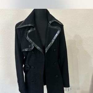 bebe Black Trench Coat with Leather Trim